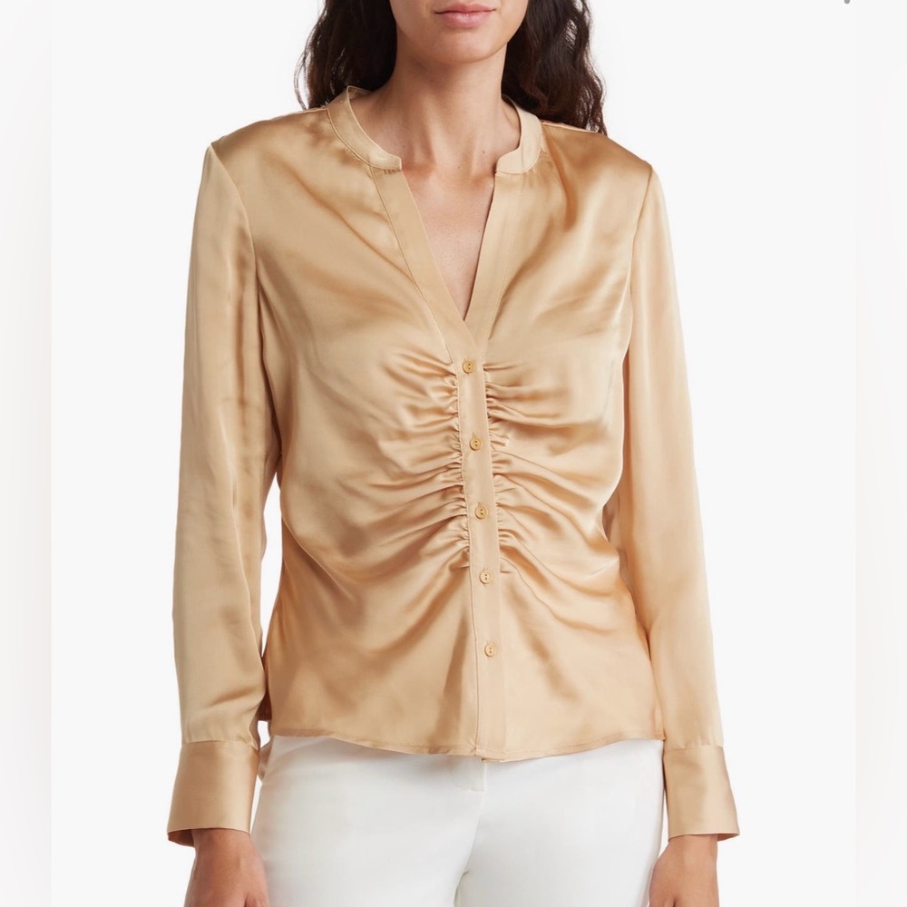 Daniel Rainn Champagne Satin Ruched Front Blouse